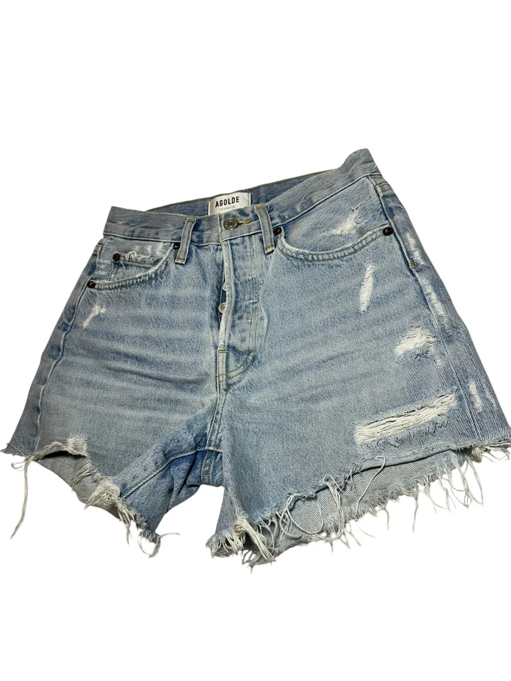 New AGOLDE Parker Long Distressed Denim Shorts Light Wash 100% Cotton